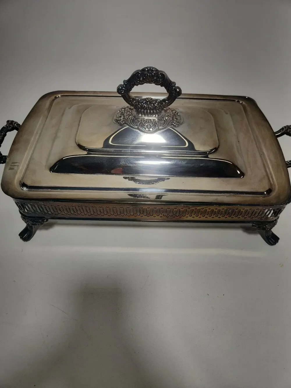 Vintage Silver Plated Rectangular Covered Serving Dish Footed Buffet Casserole